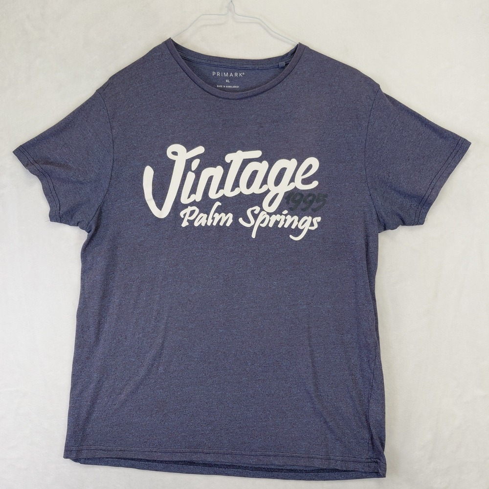 Primark Mens XL Vintage Palm Springs 1995 Graphic T-Shirt Heather Navy Blue